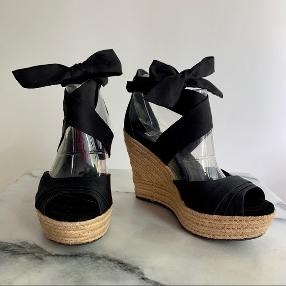 UGG espadrille wedge peekaboo toe sandal with ribbon ankle tie bow black fabric - Picture 1 of 8